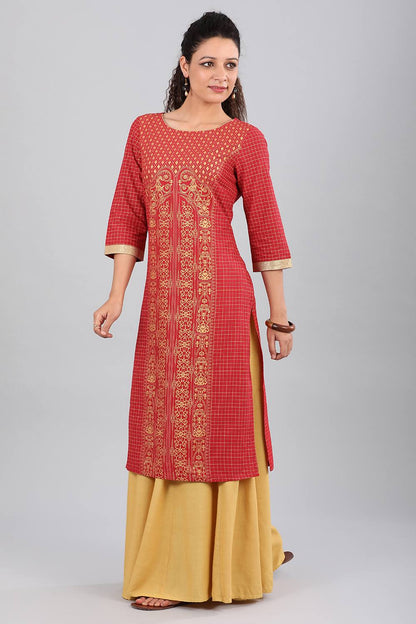 Red Round Neck Printed kurta