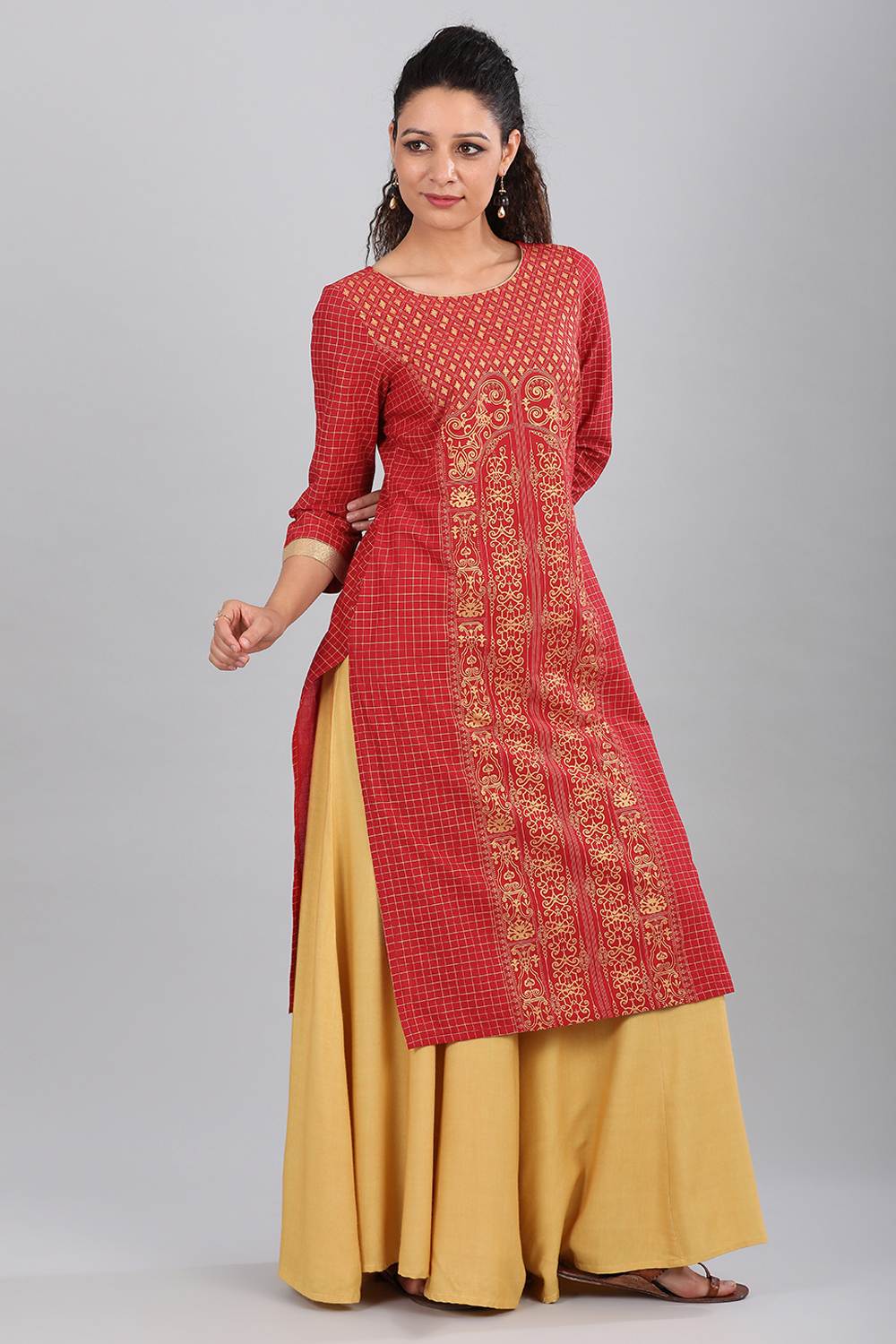 Red Round Neck Printed kurta