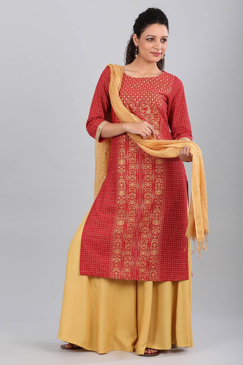 Red Round Neck Printed kurta