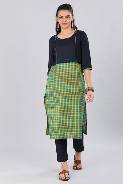 Blue & Green Round Neck Checkered kurta