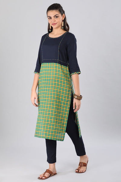 Blue & Green Round Neck Checkered kurta