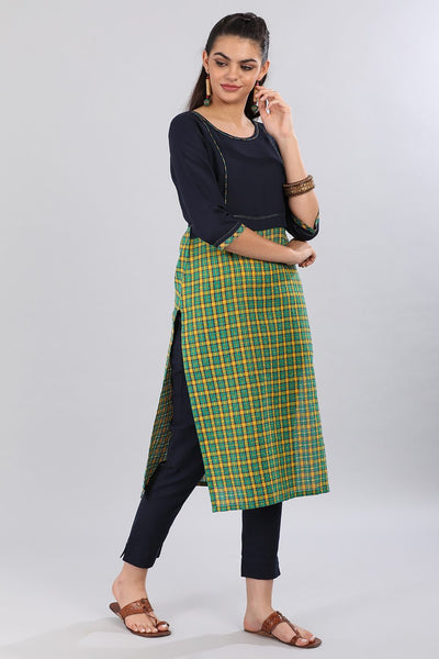 Blue & Green Round Neck Checkered kurta
