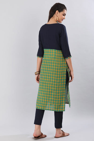 Blue & Green Round Neck Checkered kurta