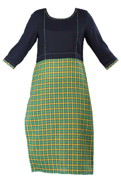 Blue & Green Round Neck Checkered kurta