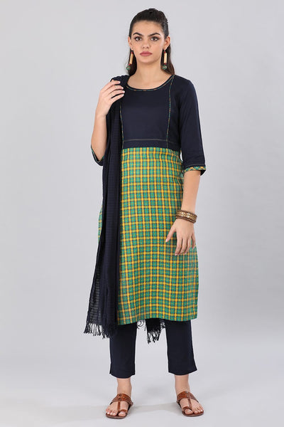 Blue & Green Round Neck Checkered kurta