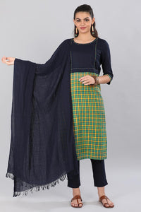 Blue &amp; Green Round Neck Checkered kurta