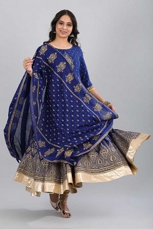 Blue Round Neck Yarn-Dyed kurta