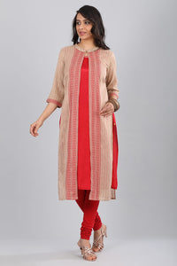 Red &amp; Beige Round Neck Layered kurta