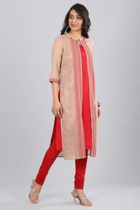 Red &amp; Beige Round Neck Layered kurta