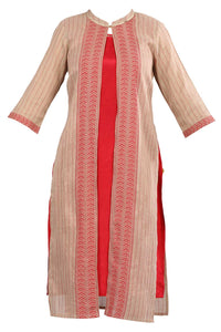 Red &amp; Beige Round Neck Layered kurta