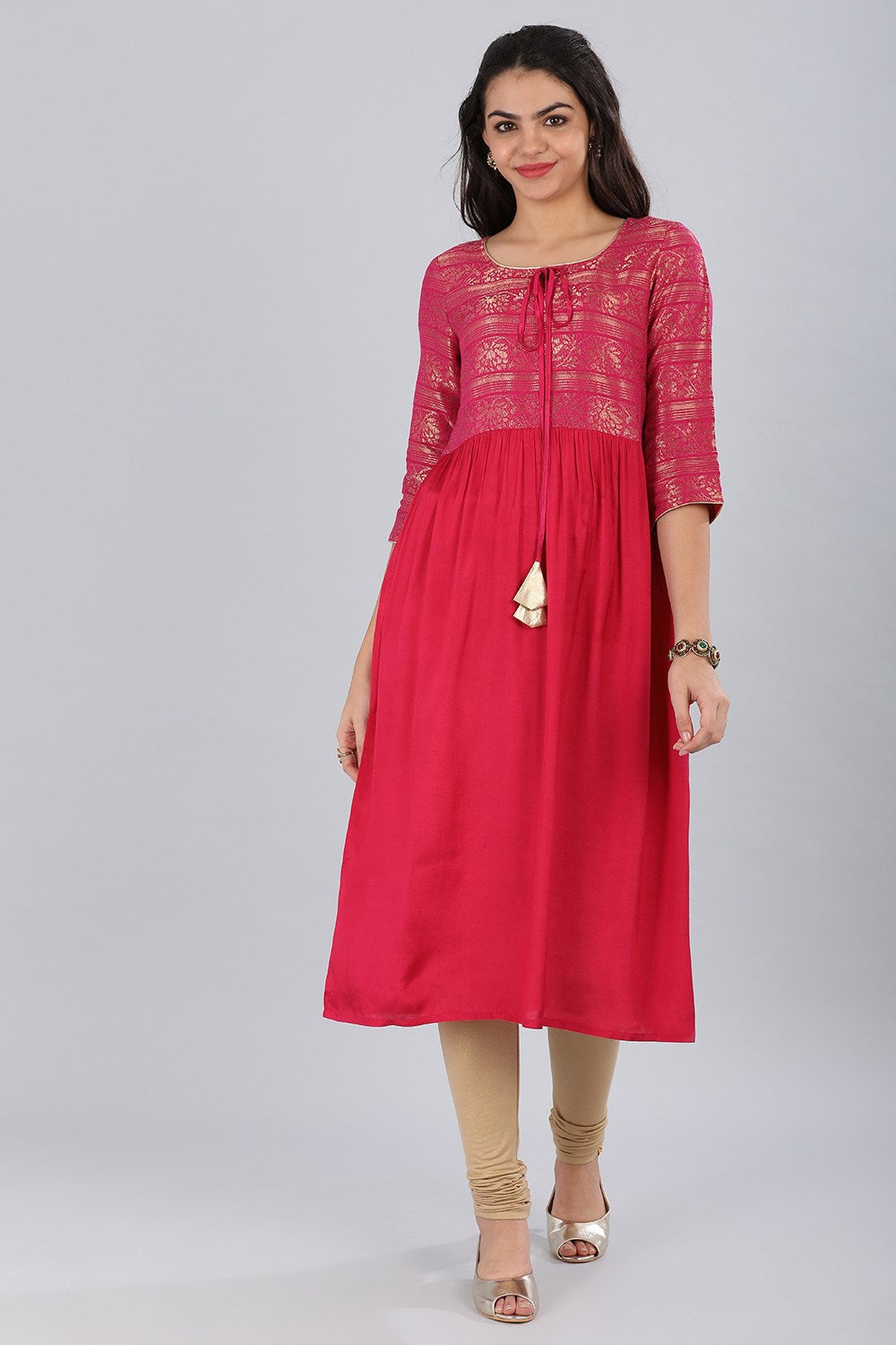 Pink Round Neck Embellished kurta