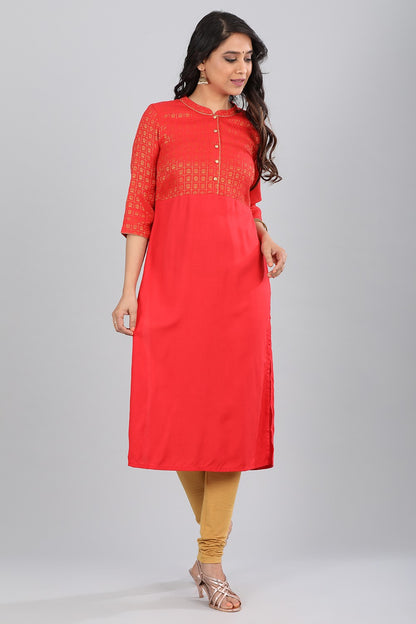 Red Mandarin Neck Embellished kurta