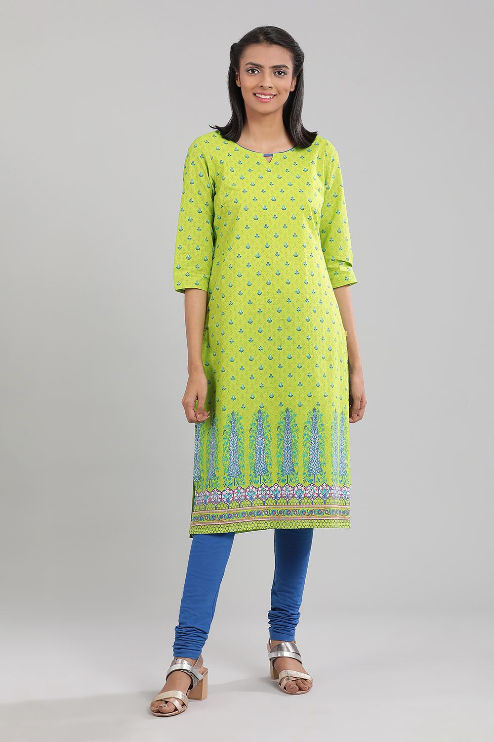 Green Round Neck Printed kurta