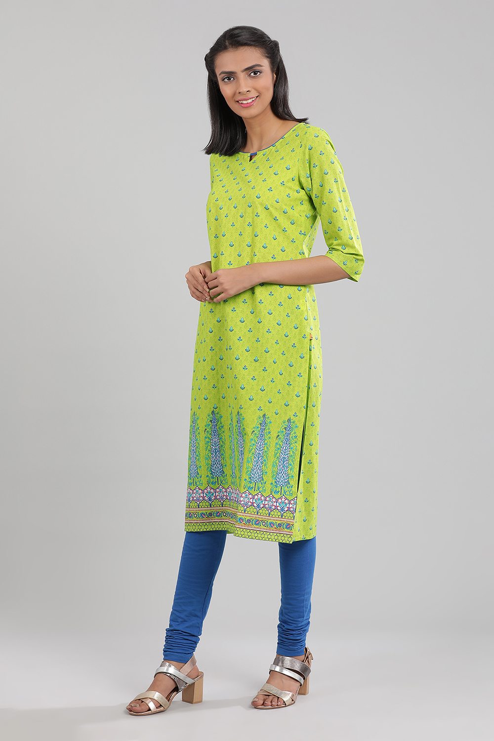 Green Round Neck Printed kurta