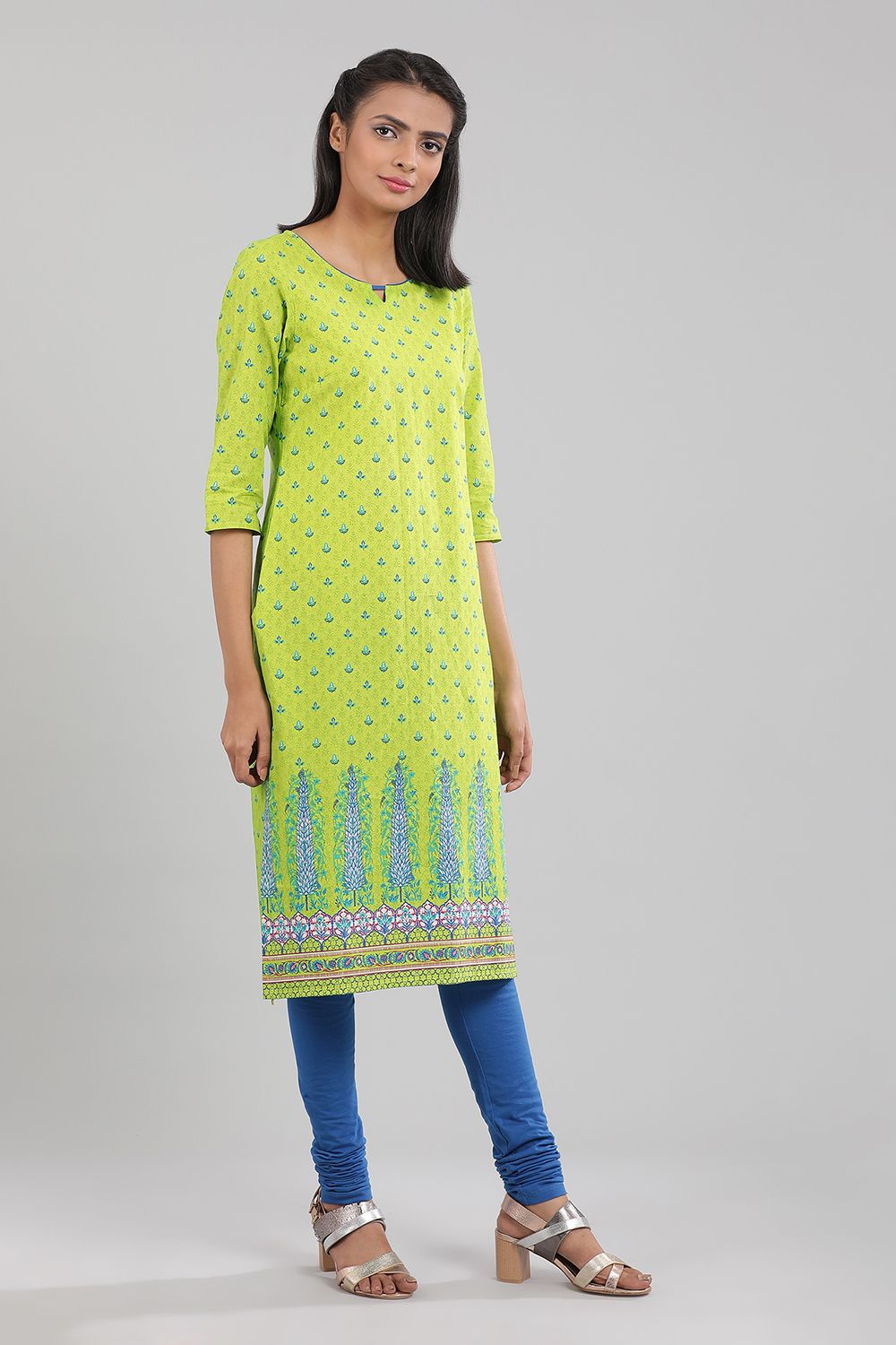 Green Round Neck Printed kurta