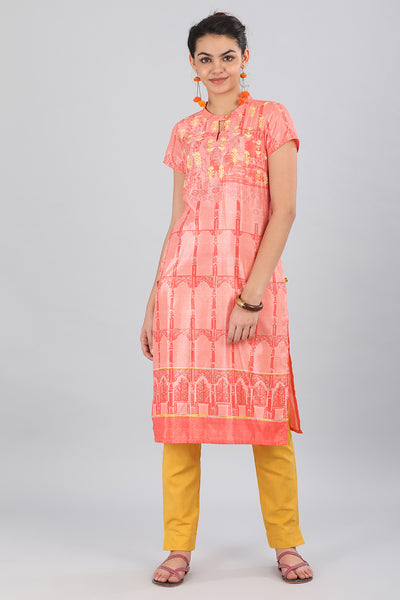 Pink Band Collar Printed kurta