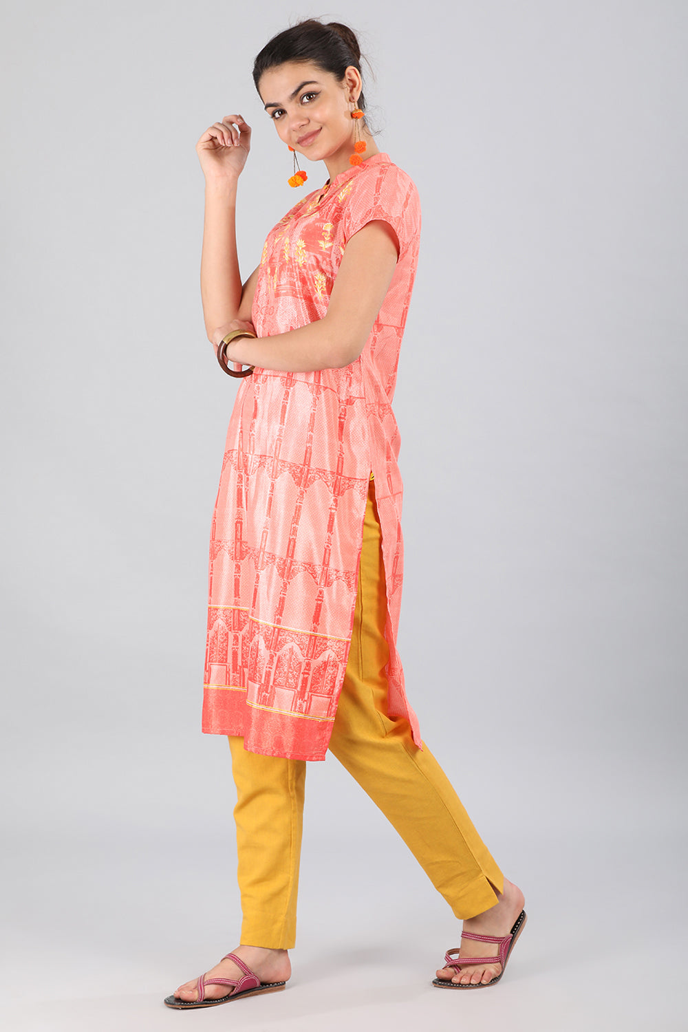 Pink Band Collar Printed kurta