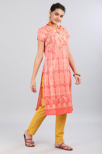 Pink Band Collar Printed kurta