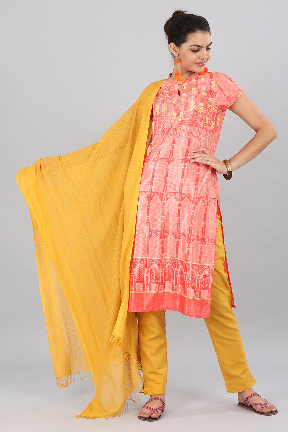 Pink Band Collar Printed kurta