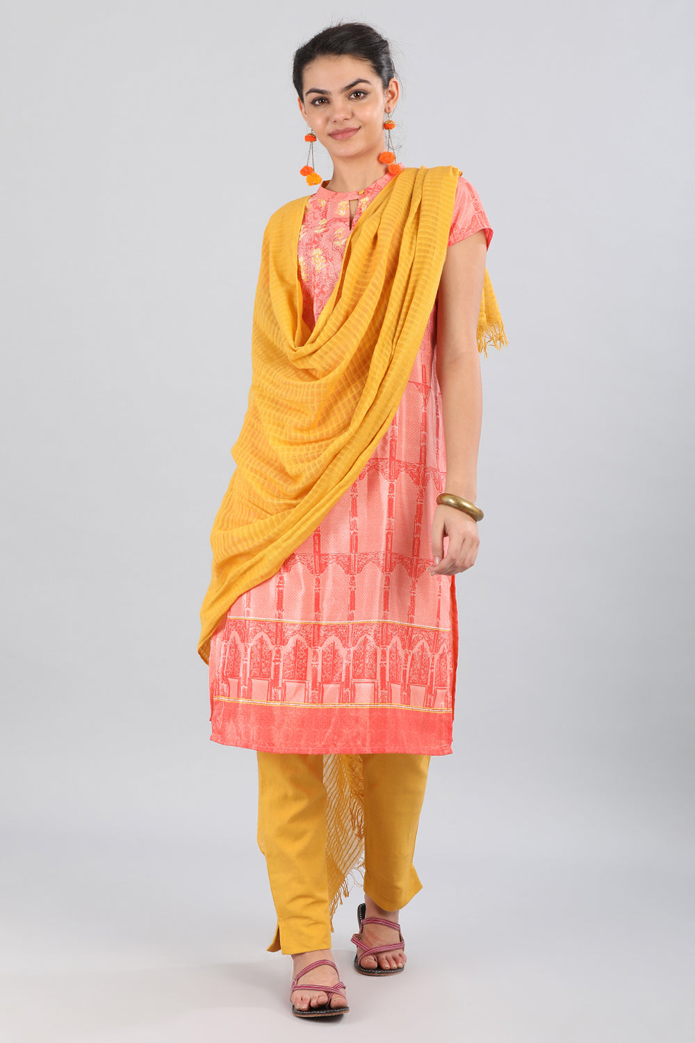 Pink Band Collar Printed kurta