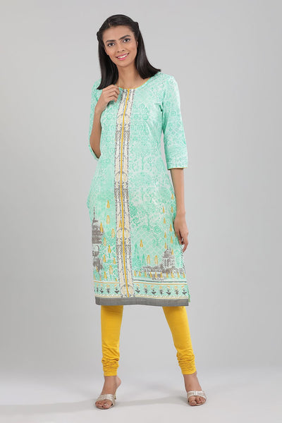 Blue Round Neck Printed kurta