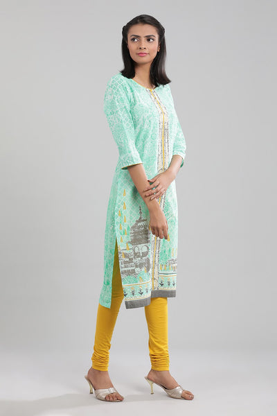 Blue Round Neck Printed kurta
