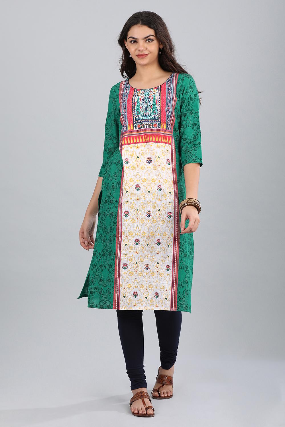 Green Round Neck Printed kurta