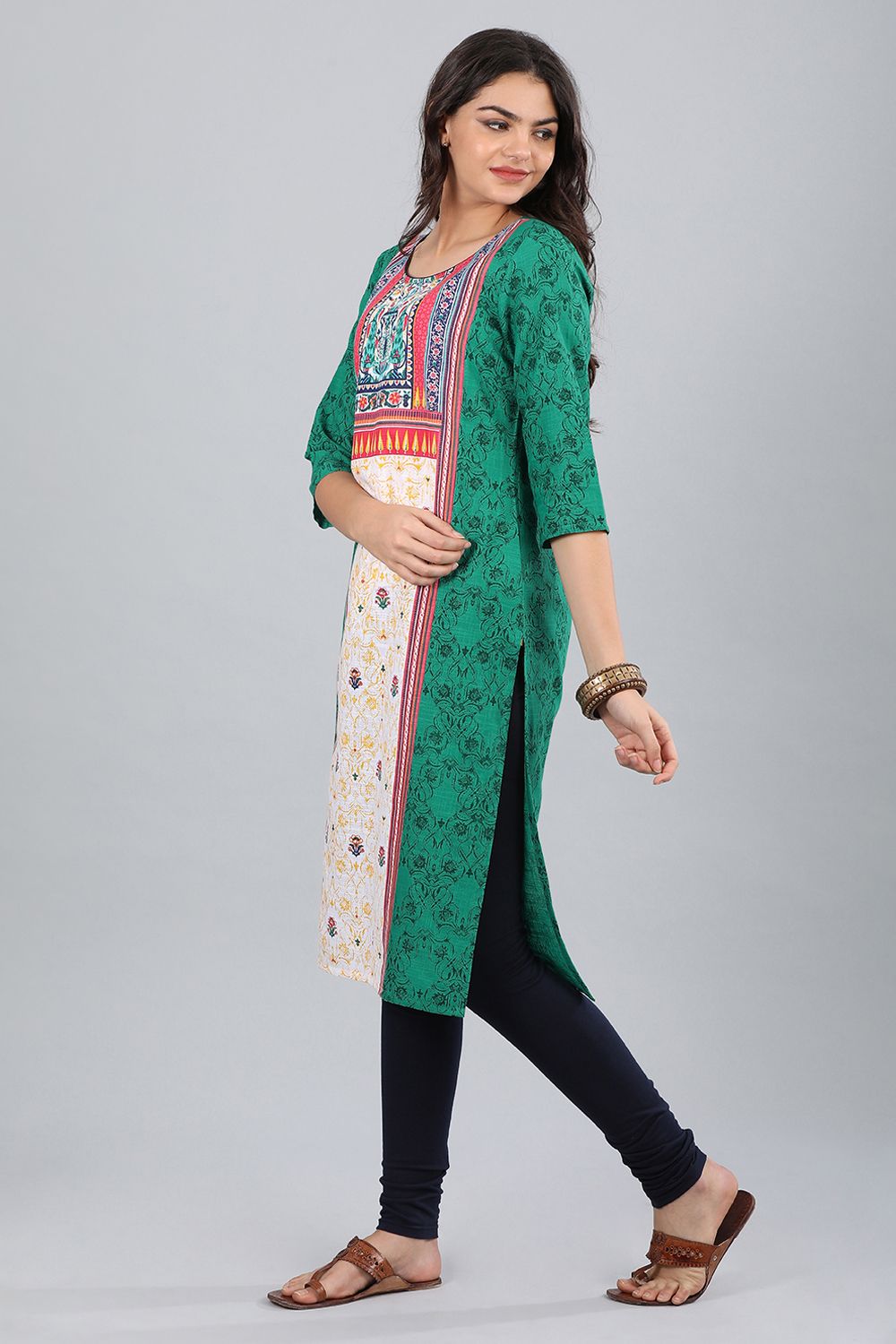 Green Round Neck Printed kurta