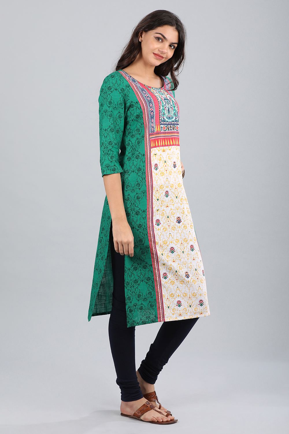 Green Round Neck Printed kurta