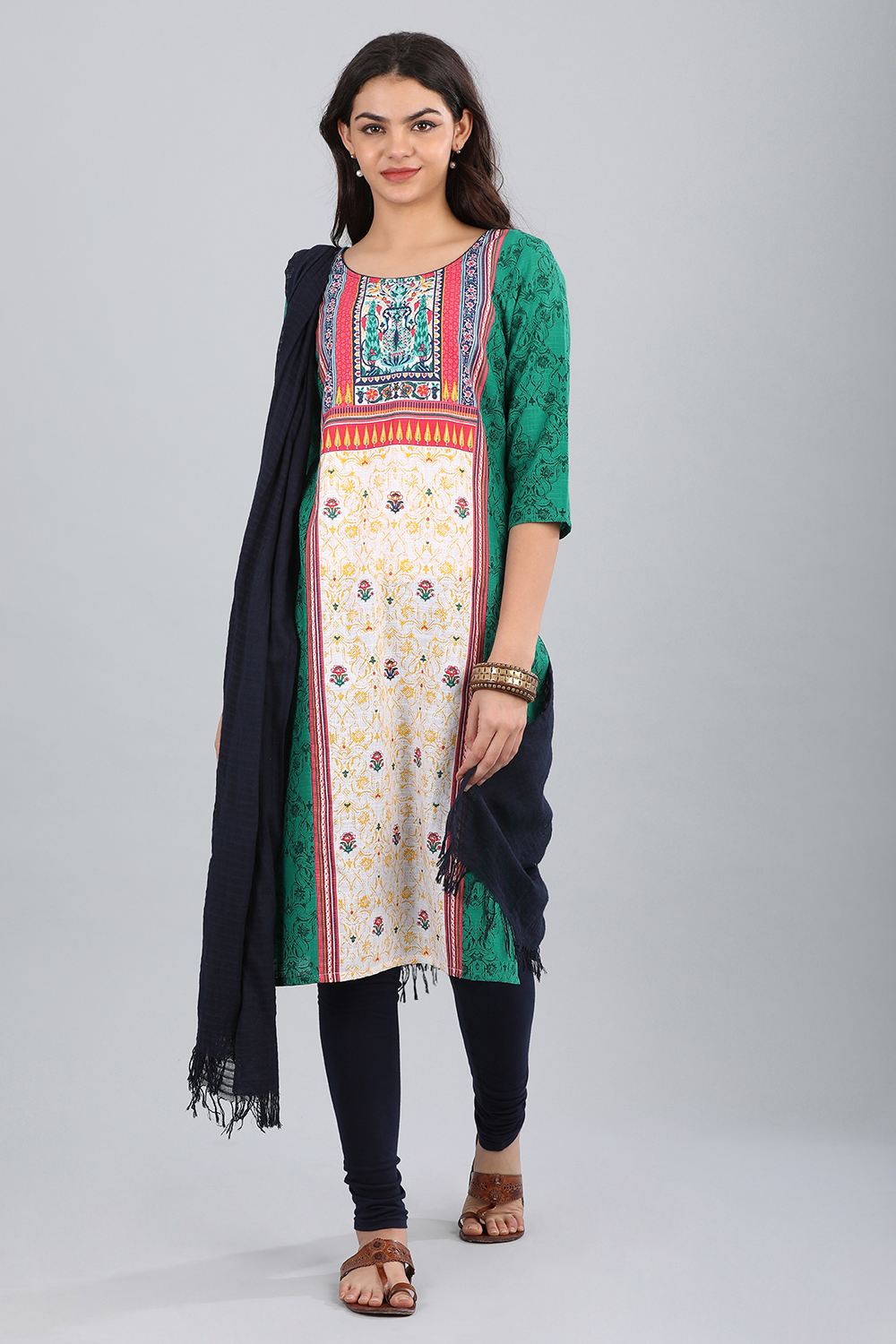 Green Round Neck Printed kurta