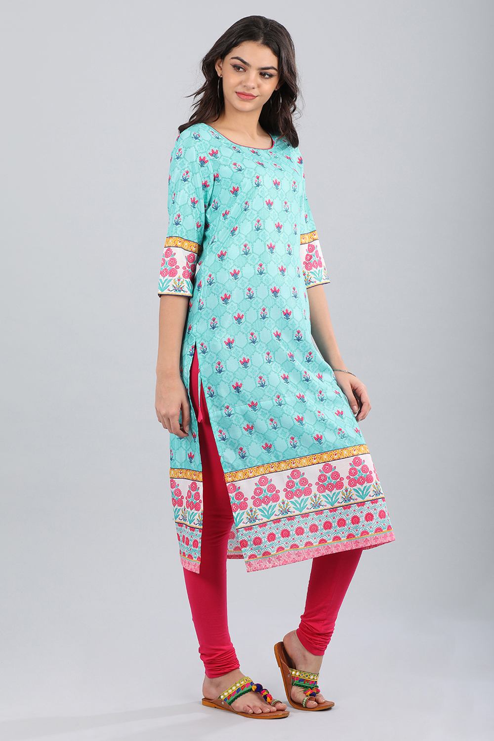 Blue Round Neck Printed kurta