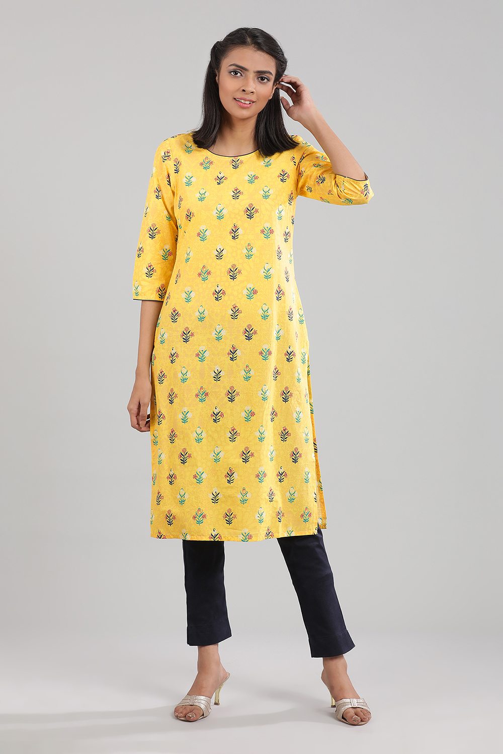 Yellow Round Neck Printed kurta