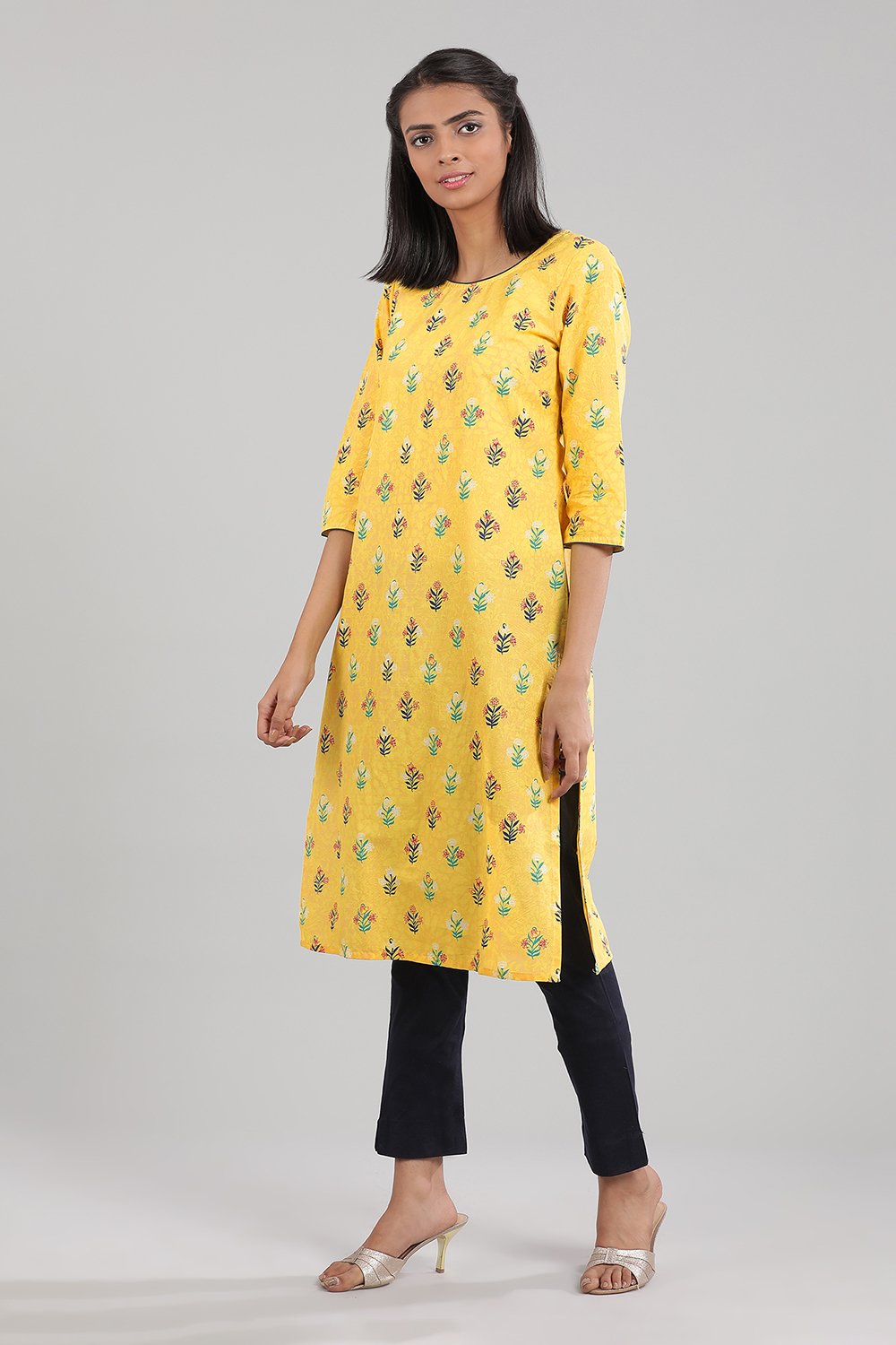 Yellow Round Neck Printed kurta