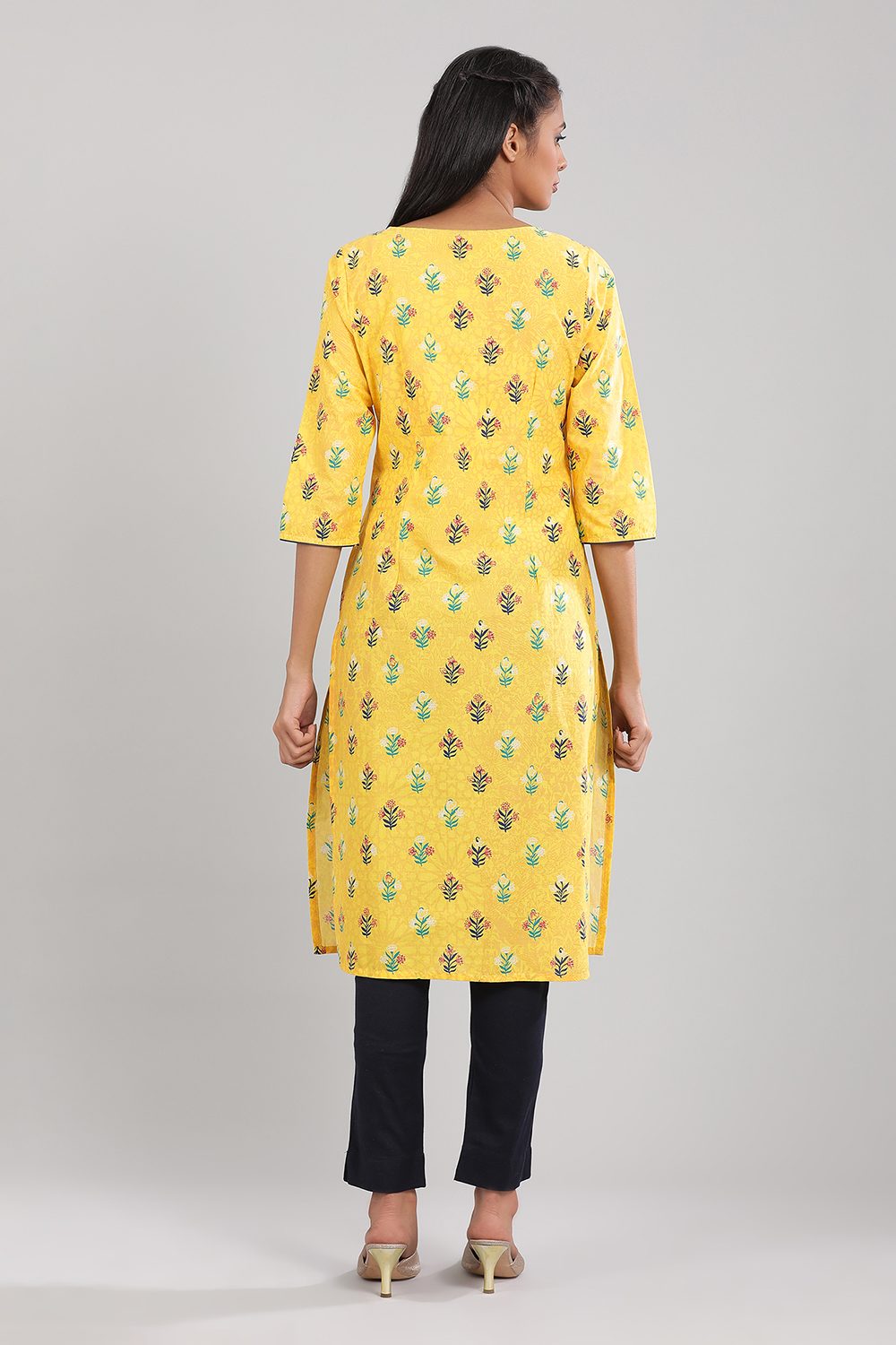 Yellow Round Neck Printed kurta