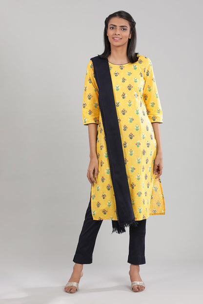 Yellow Round Neck Printed kurta