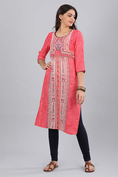 Pink Round Neck Printed kurta