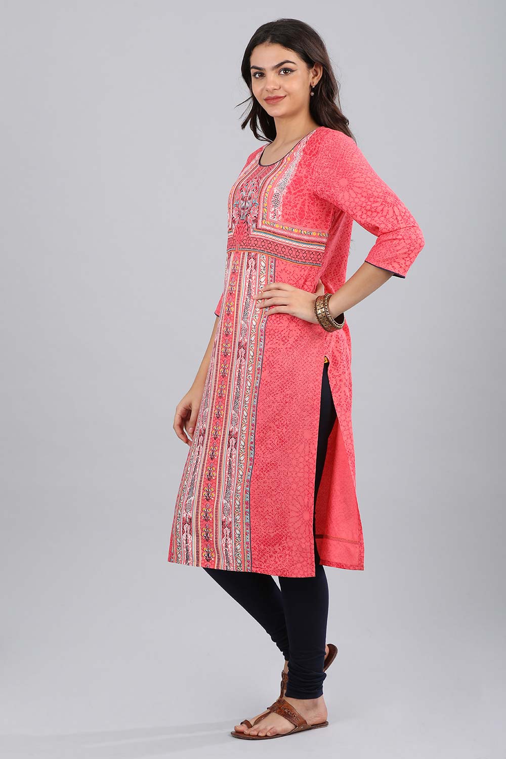 Pink Round Neck Printed kurta