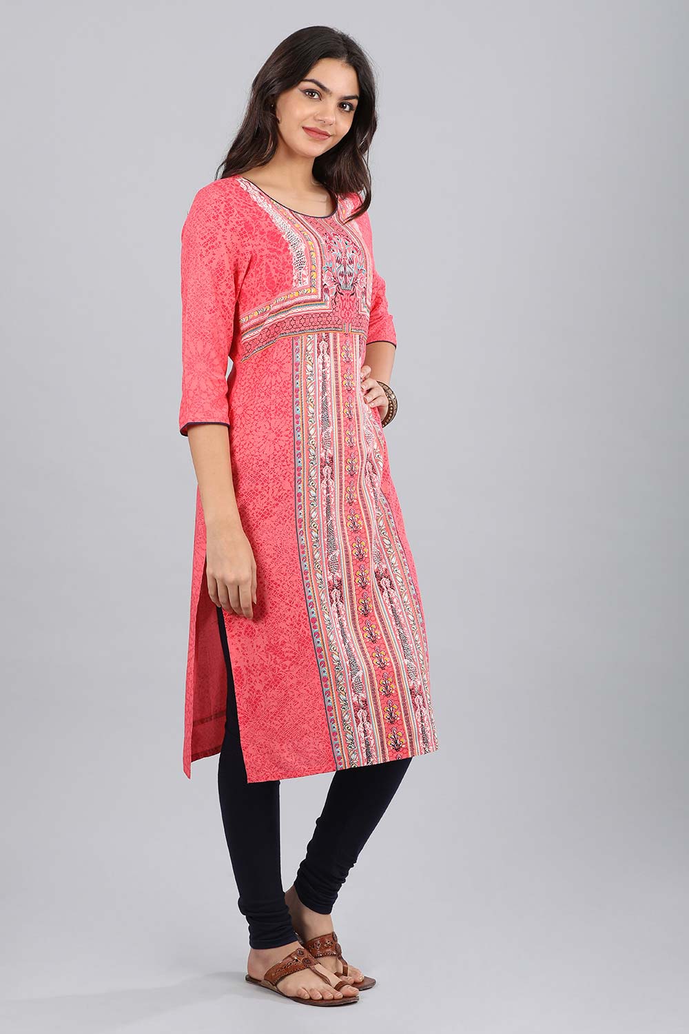 Pink Round Neck Printed kurta