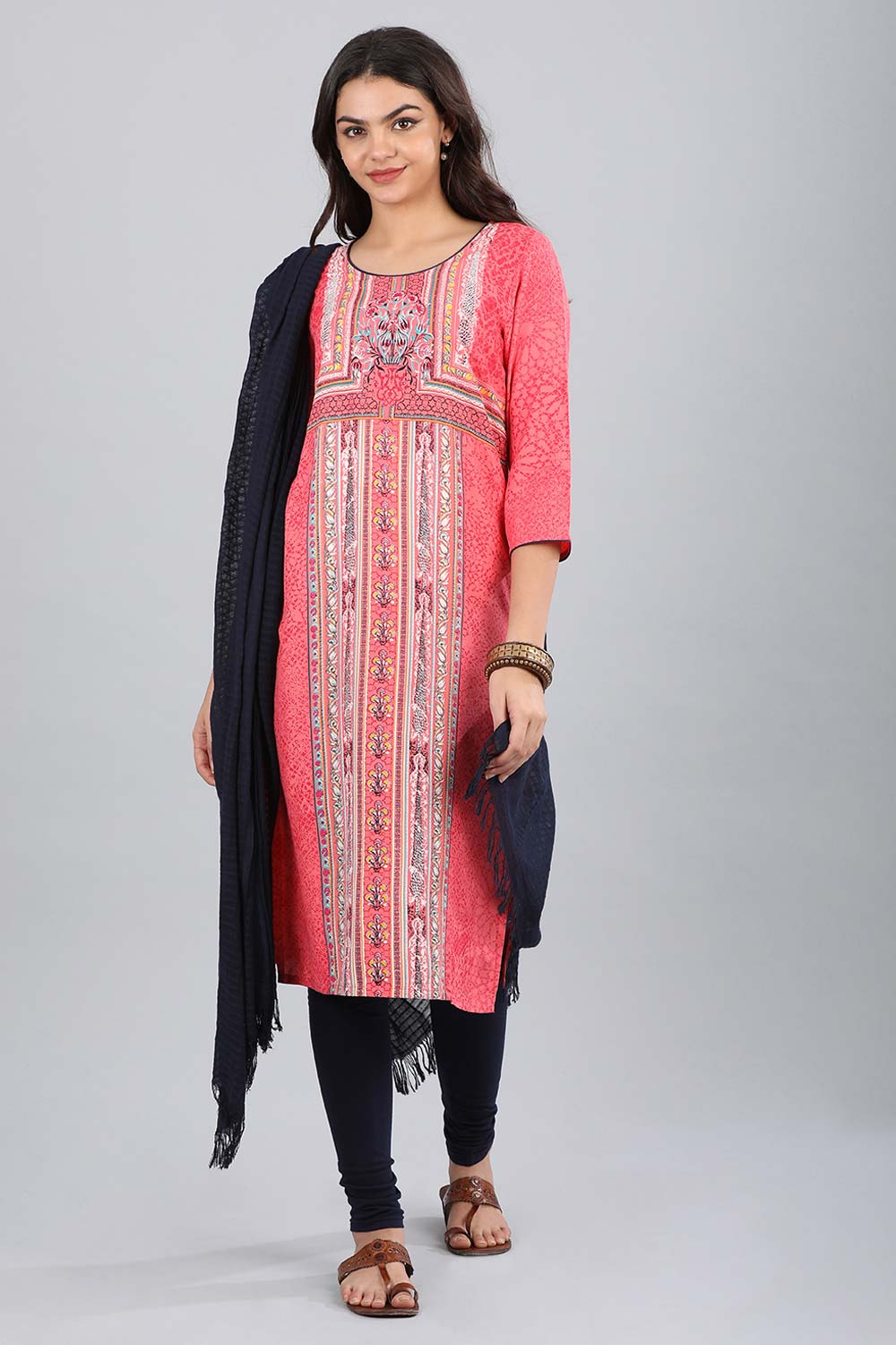 Pink Round Neck Printed kurta