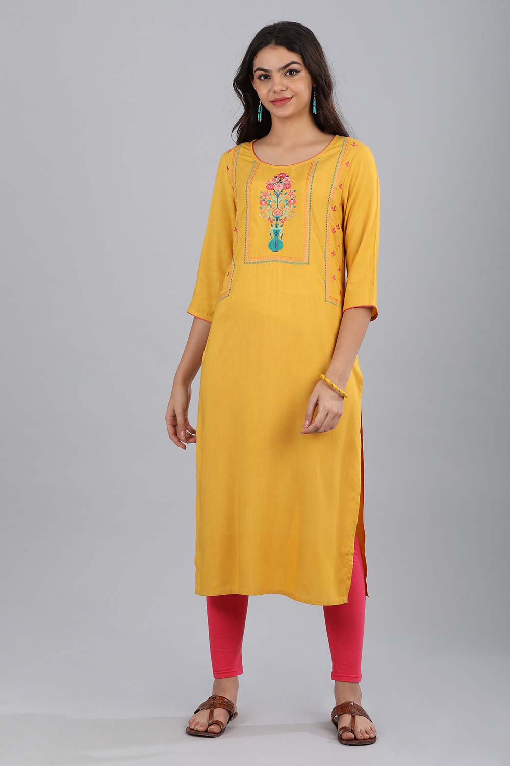 Yellow Round Neck Printed kurta