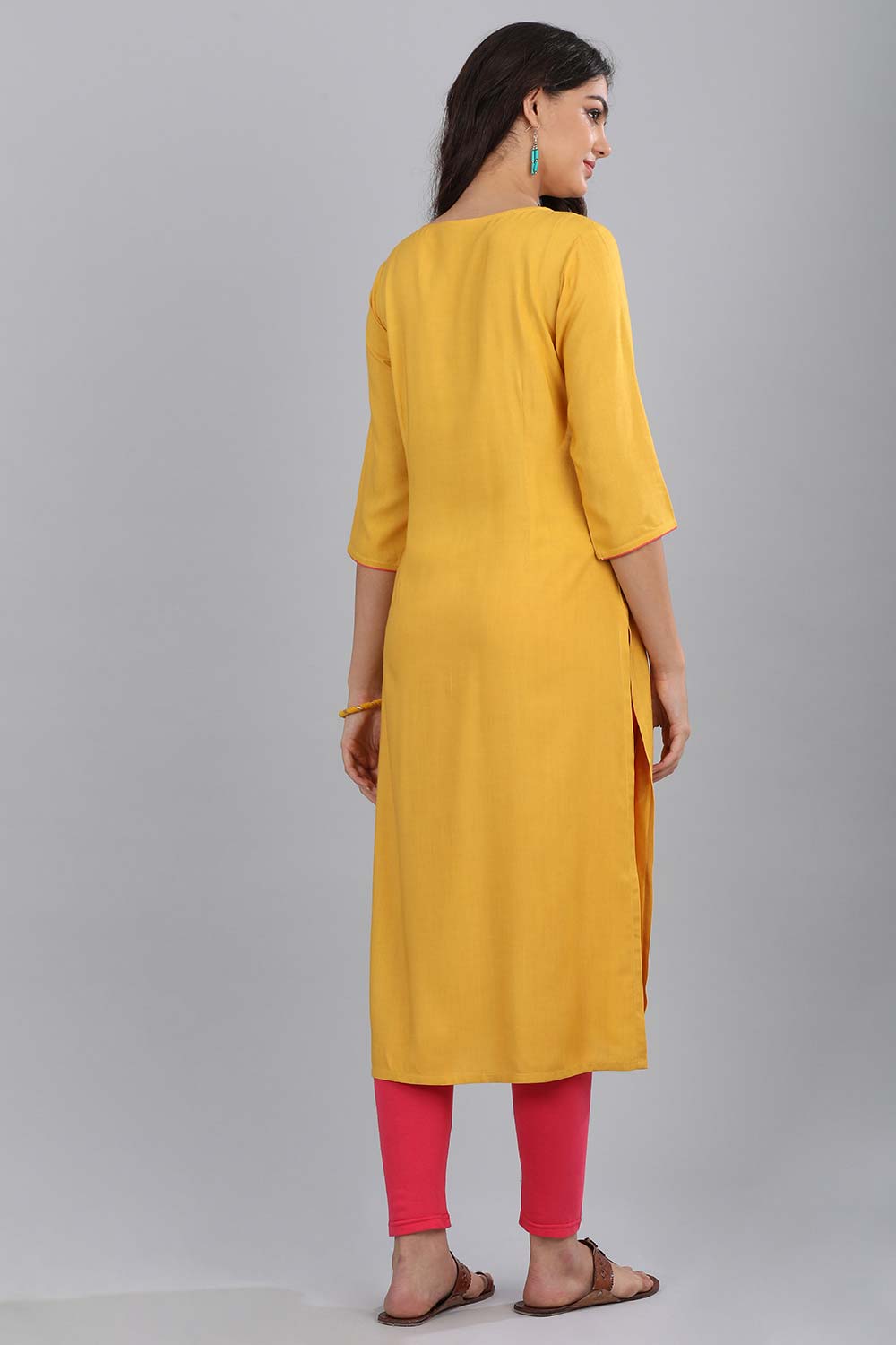 Yellow Round Neck Printed kurta