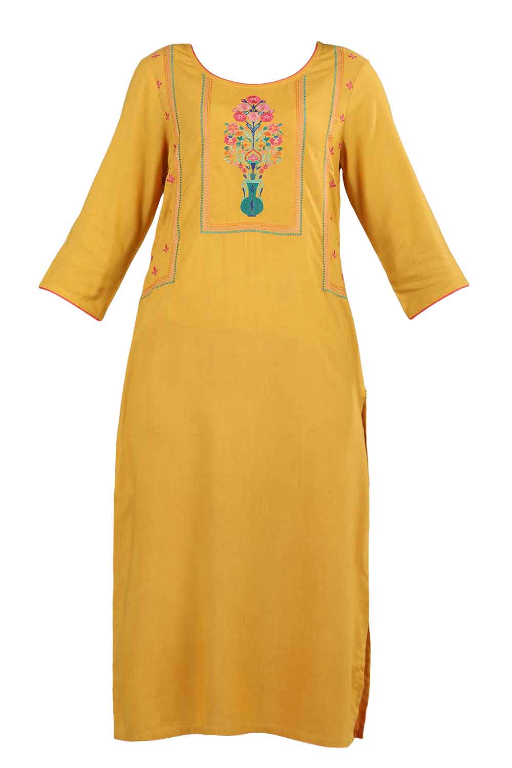 Yellow Round Neck Printed kurta