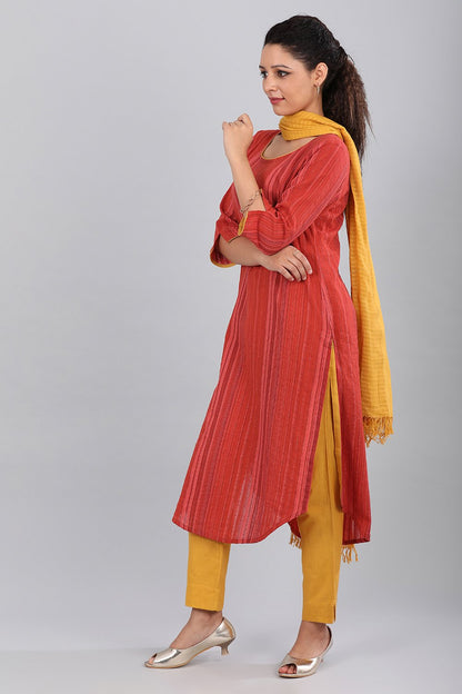 Red Round Neck Striped kurta