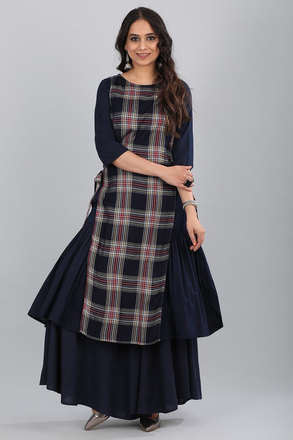 Blue Round Neck Checkered kurta