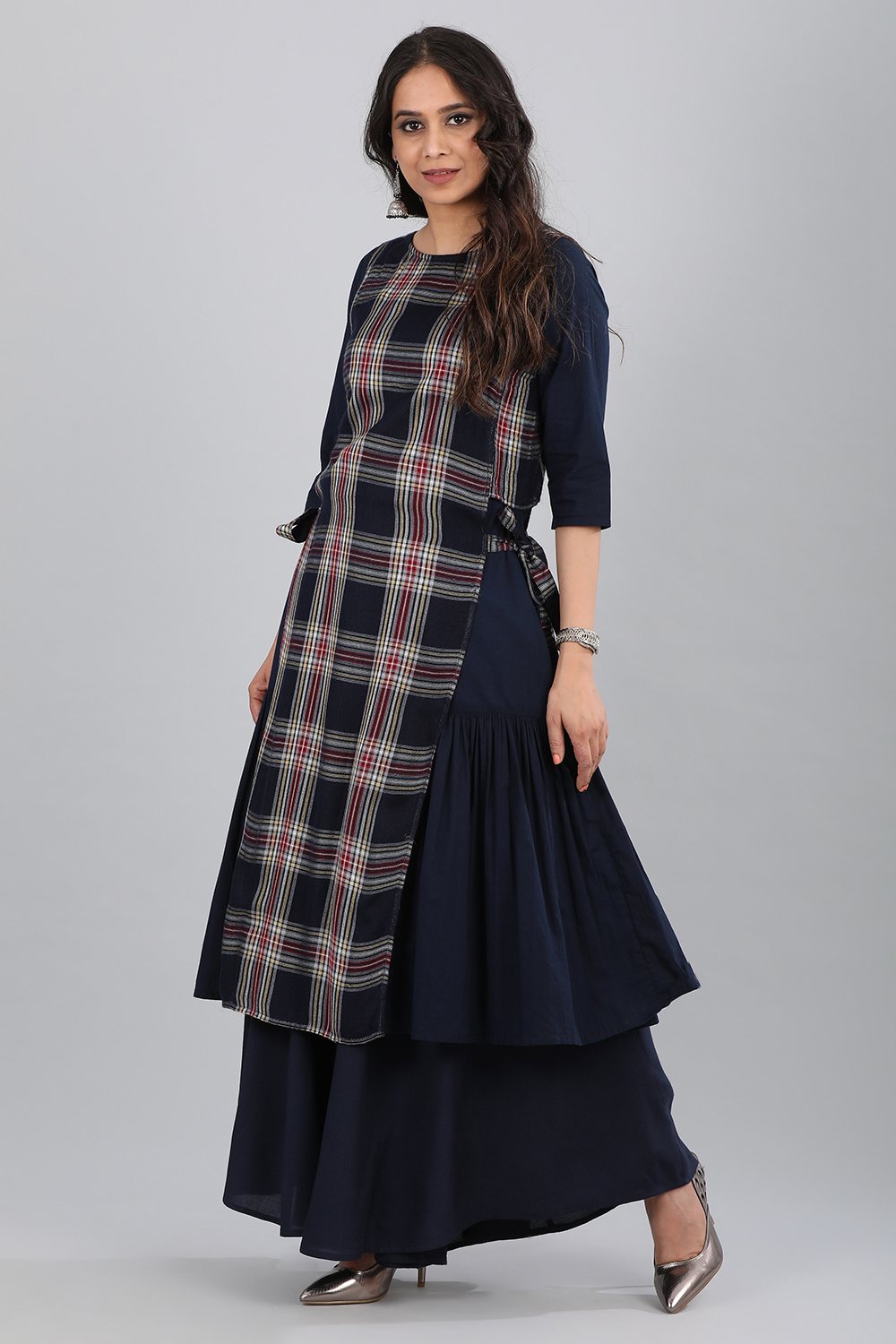 Blue Round Neck Checkered kurta