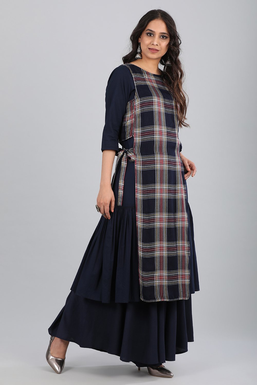 Blue Round Neck Checkered kurta