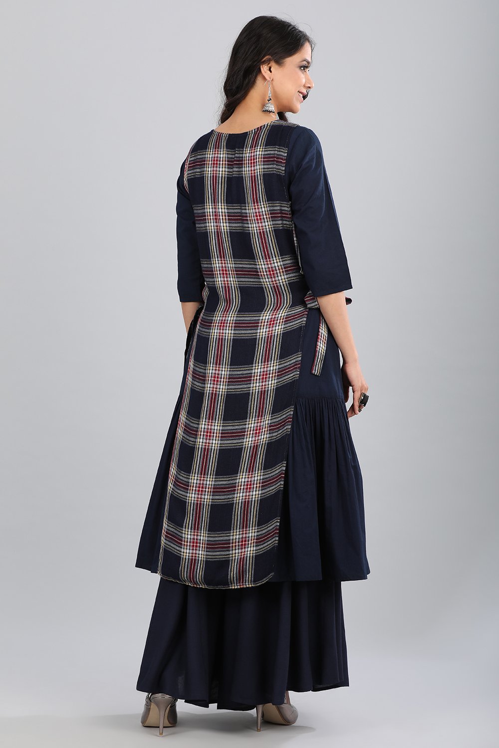 Blue Round Neck Checkered kurta