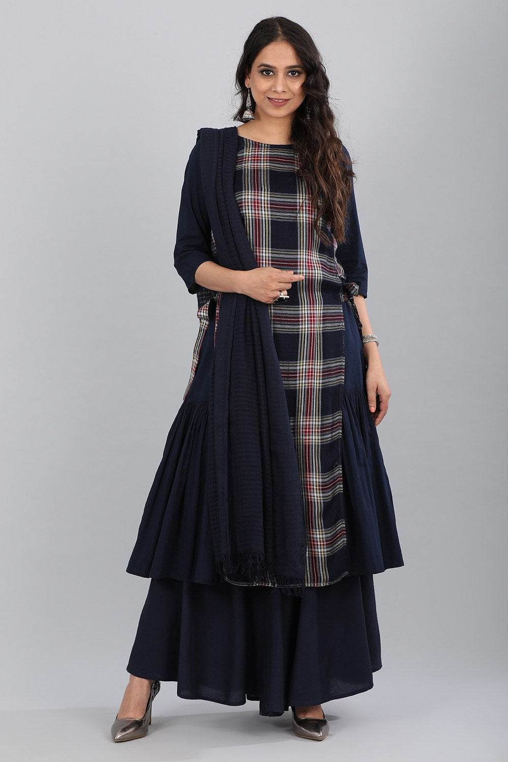 Blue Round Neck Checkered kurta