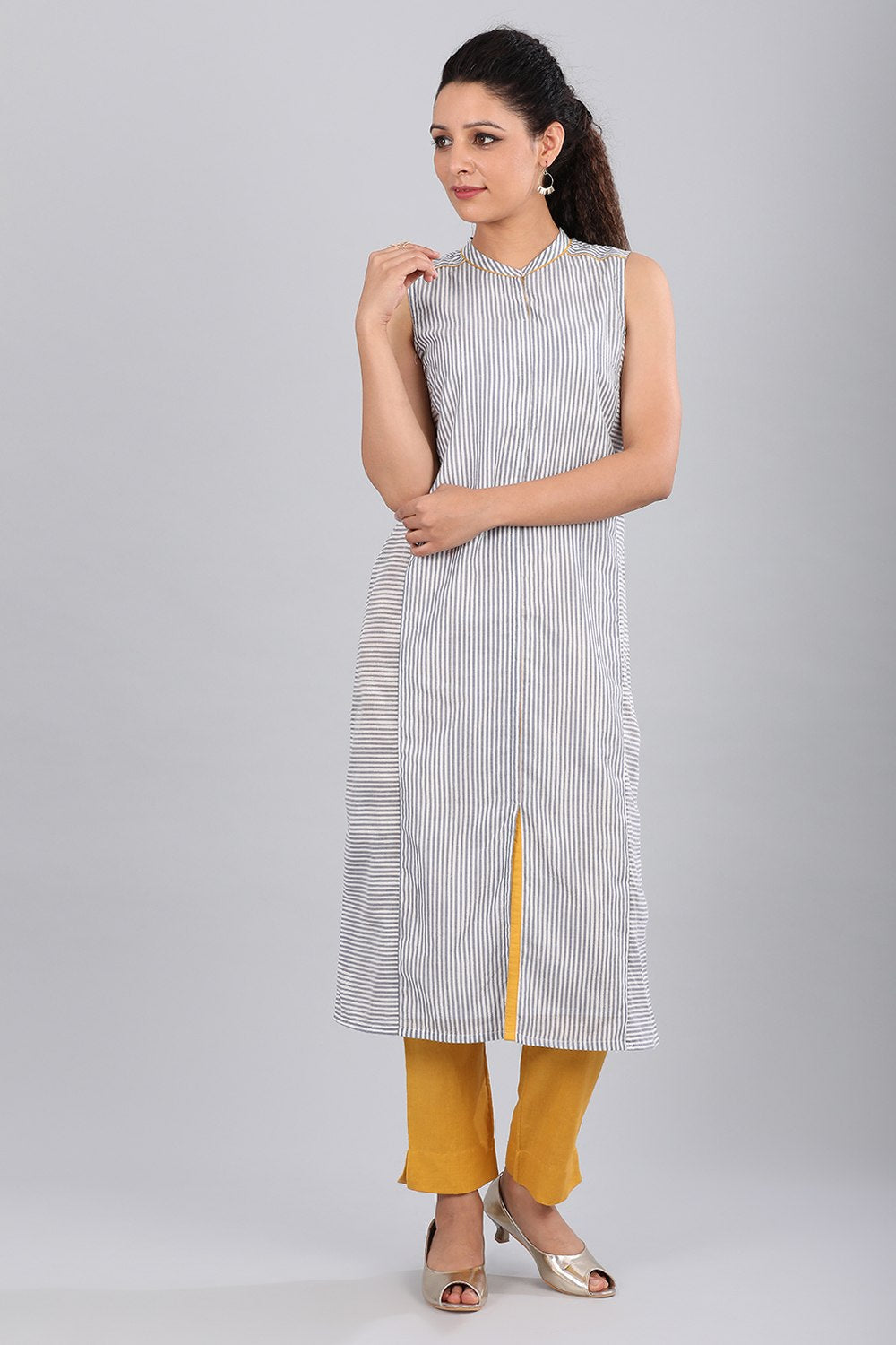 Blue Band Collar Striped kurta