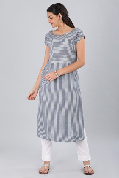 Blue Boat Neck Striped kurta